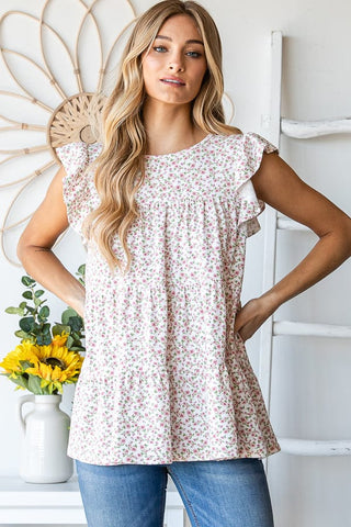 Madelyn Flutter Sleeve Tiered Top in Ivory Ditsy Floral-1- ShortSlv/Slvless Tops-HEIMISH-Styled by Stacked - A Plus Size Women's Boutique in Lakeville, MN