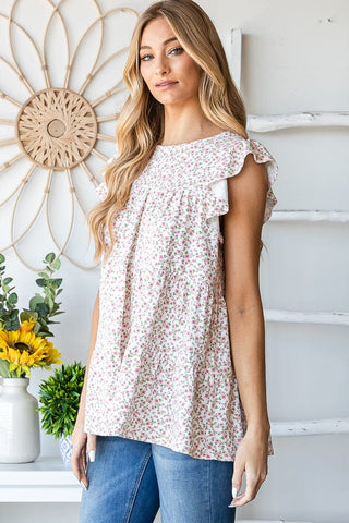 Madelyn Flutter Sleeve Tiered Top in Ivory Ditsy Floral-1- ShortSlv/Slvless Tops-HEIMISH-Styled by Stacked - A Plus Size Women's Boutique in Lakeville, MN