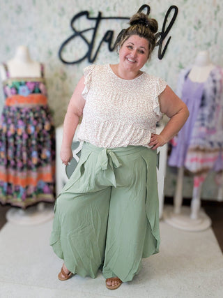 Cecily Tulip Hem Wide Leg Crop Pants in Sage-10- Bottoms Non-Denim-WHITE BIRCH-Styled by Stacked - A Plus Size Women's Boutique in Lakeville, MN