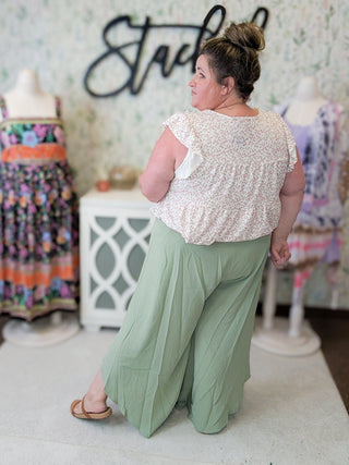 Cecily Tulip Hem Wide Leg Crop Pants in Sage-10- Bottoms Non-Denim-WHITE BIRCH-Styled by Stacked - A Plus Size Women's Boutique in Lakeville, MN