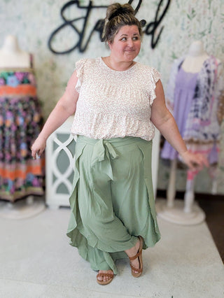 Cecily Tulip Hem Wide Leg Crop Pants in Sage-10- Bottoms Non-Denim-WHITE BIRCH-Styled by Stacked - A Plus Size Women's Boutique in Lakeville, MN