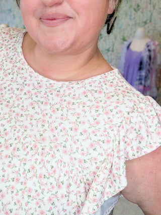 Madelyn Flutter Sleeve Tiered Top in Ivory Ditsy Floral-1- ShortSlv/Slvless Tops-HEIMISH-Styled by Stacked - A Plus Size Women's Boutique in Lakeville, MN