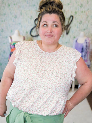 Madelyn Flutter Sleeve Tiered Top in Ivory Ditsy Floral-1- ShortSlv/Slvless Tops-HEIMISH-Styled by Stacked - A Plus Size Women's Boutique in Lakeville, MN