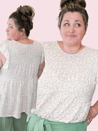 Madelyn Flutter Sleeve Tiered Top in Ivory Ditsy Floral-1- ShortSlv/Slvless Tops-HEIMISH-Styled by Stacked - A Plus Size Women's Boutique in Lakeville, MN