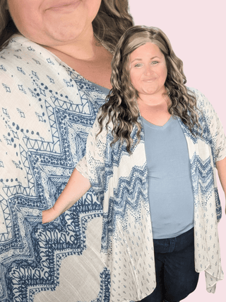 Maggie Boho Chevron Kimono in Natural + Navy-4- Overlayer Tops-urbanista-Styled by Stacked - A Plus Size Women's Boutique in Lakeville, MN