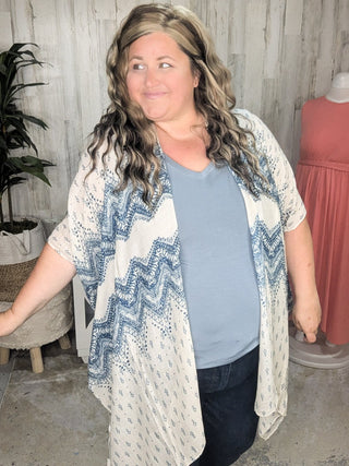 Maggie Boho Chevron Kimono in Natural + Navy-4- Overlayer Tops-urbanista-Styled by Stacked - A Plus Size Women's Boutique in Lakeville, MN