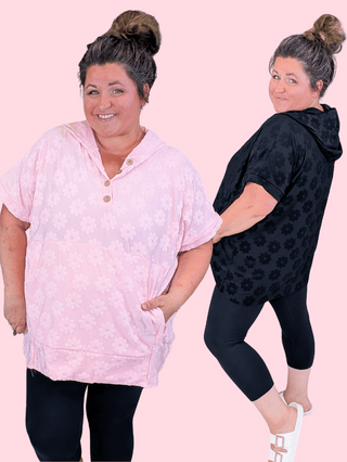1- ShortSlv/Slvless Tops Magnolia Short Sleeve Hooded Top w/Daisy Texture (2 Colors) plus size clothing