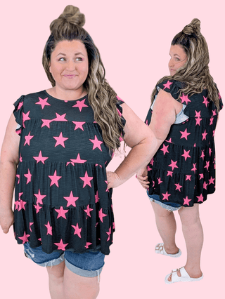 1- ShortSlv/Slvless Tops Maisey Tiered Short Sleeve Top in Black w/Pink Stars plus size clothing