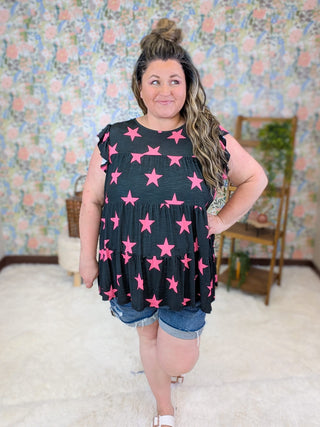 1- ShortSlv/Slvless Tops Maisey Tiered Short Sleeve Top in Black w/Pink Stars plus size clothing