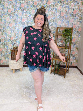 1- ShortSlv/Slvless Tops Maisey Tiered Short Sleeve Top in Black w/Pink Stars plus size clothing
