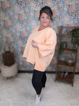Malia Vneck Athleisure Pullover in Apricot-2- Long Sleeve Tops-WHITE BIRCH-Styled by Stacked - A Plus Size Women's Boutique in Lakeville, MN