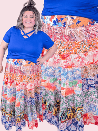 Mallory Boho Mixed Print Maxi/Midi Skirt-10- Bottoms Non-Denim-WHITE BIRCH-Styled by Stacked - A Plus Size Women's Boutique in Lakeville, MN