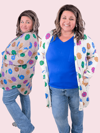 Mandy Mod Floral Print Open Cardigan w/Pockets (2 Colors)-4- Overlayer Tops-HEIMISH-Styled by Stacked - A Plus Size Women's Boutique in Lakeville, MN