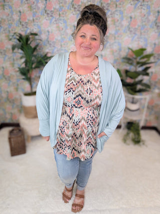 Marcella Babydoll Tank in Taupe Mix Abstract Chevron-1- ShortSlv/Slvless Tops-BE STAGE-Styled by Stacked - A Plus Size Women's Boutique in Lakeville, MN