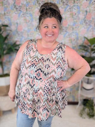 Marcella Babydoll Tank in Taupe Mix Abstract Chevron-1- ShortSlv/Slvless Tops-BE STAGE-Styled by Stacked - A Plus Size Women's Boutique in Lakeville, MN