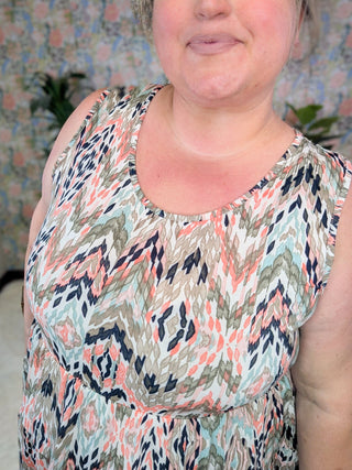 Marcella Babydoll Tank in Taupe Mix Abstract Chevron-1- ShortSlv/Slvless Tops-BE STAGE-Styled by Stacked - A Plus Size Women's Boutique in Lakeville, MN