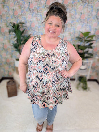 Marcella Babydoll Tank in Taupe Mix Abstract Chevron-1- ShortSlv/Slvless Tops-BE STAGE-Styled by Stacked - A Plus Size Women's Boutique in Lakeville, MN