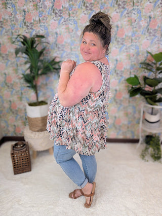 Marcella Babydoll Tank in Taupe Mix Abstract Chevron-1- ShortSlv/Slvless Tops-BE STAGE-Styled by Stacked - A Plus Size Women's Boutique in Lakeville, MN