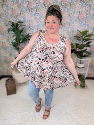 Marcella Babydoll Tank in Taupe Mix Abstract Chevron-1- ShortSlv/Slvless Tops-BE STAGE-Styled by Stacked - A Plus Size Women's Boutique in Lakeville, MN