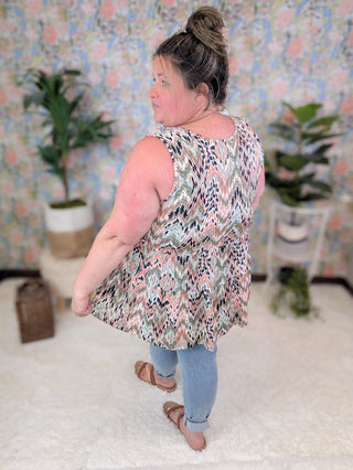Marcella Babydoll Tank in Taupe Mix Abstract Chevron-1- ShortSlv/Slvless Tops-BE STAGE-Styled by Stacked - A Plus Size Women's Boutique in Lakeville, MN