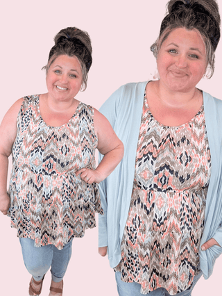 Marcella Babydoll Tank in Taupe Mix Abstract Chevron-1- ShortSlv/Slvless Tops-BE STAGE-Styled by Stacked - A Plus Size Women's Boutique in Lakeville, MN