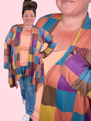 4- Overlayer Tops Marek Geometric Block Multi Color Cardigan w/Pockets plus size clothing