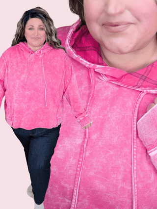 Marek Mineral Washed Boxy Hoodie in Pink + Plaid-3- Hooded Tops-WHITE BIRCH-Styled by Stacked - A Plus Size Women's Boutique in Lakeville, MN