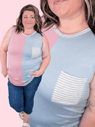 1- ShortSlv/Slvless Tops Margie Stripe Pocket Tank in Pink + Blue plus size clothing