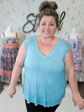 Mari Lace Accent Flowy Top in Aqua-1- ShortSlv/Slvless Tops-pol-Styled by Stacked - A Plus Size Women's Boutique in Lakeville, MN