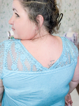 Mari Lace Accent Flowy Top in Aqua-1- ShortSlv/Slvless Tops-pol-Styled by Stacked - A Plus Size Women's Boutique in Lakeville, MN