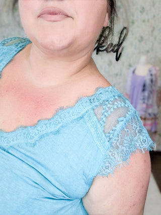 Mari Lace Accent Flowy Top in Aqua-1- ShortSlv/Slvless Tops-pol-Styled by Stacked - A Plus Size Women's Boutique in Lakeville, MN