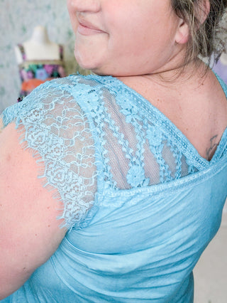 Mari Lace Accent Flowy Top in Aqua-1- ShortSlv/Slvless Tops-pol-Styled by Stacked - A Plus Size Women's Boutique in Lakeville, MN