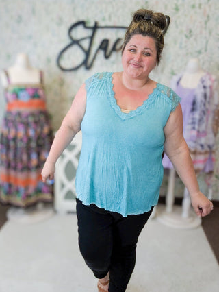 Mari Lace Accent Flowy Top in Aqua-1- ShortSlv/Slvless Tops-pol-Styled by Stacked - A Plus Size Women's Boutique in Lakeville, MN