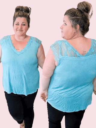 Mari Lace Accent Flowy Top in Aqua-1- ShortSlv/Slvless Tops-pol-Styled by Stacked - A Plus Size Women's Boutique in Lakeville, MN