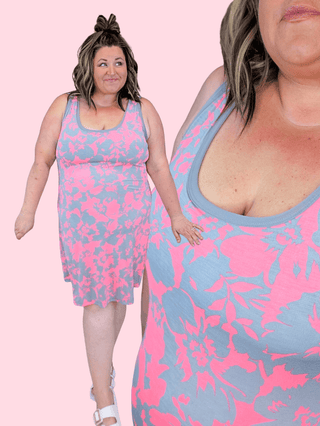 11- Dress/Romp/Jump Marie Double Scoop Tank Dress w/Built in Bra in Gray + Pink Floral plus size clothing