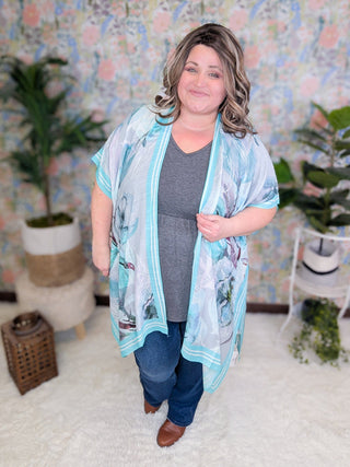 $0 Down Preorder: Marina Faded Floral Kimono w/Aqua Trim-4- Overlayer Tops-urbanista-Styled by Stacked - A Plus Size Women's Boutique in Lakeville, MN