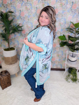 $0 Down Preorder: Marina Faded Floral Kimono w/Aqua Trim-4- Overlayer Tops-urbanista-Styled by Stacked - A Plus Size Women's Boutique in Lakeville, MN