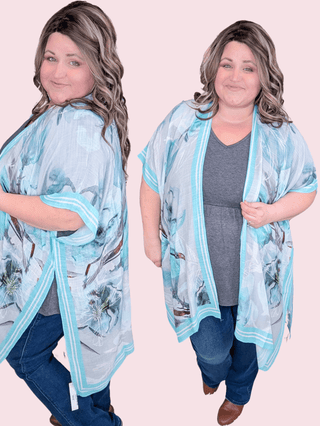 $0 Down Preorder: Marina Faded Floral Kimono w/Aqua Trim-4- Overlayer Tops-urbanista-Styled by Stacked - A Plus Size Women's Boutique in Lakeville, MN