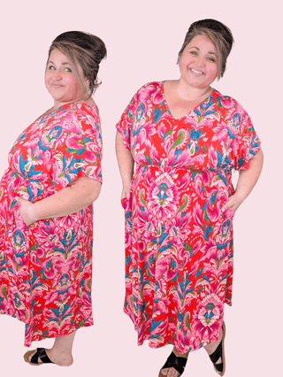 Marina Paisley Floral Dolman Sleeve Dress in Red Mix-11- Dress/Romp/Jump-BE STAGE-Styled by Stacked - A Plus Size Women's Boutique in Lakeville, MN