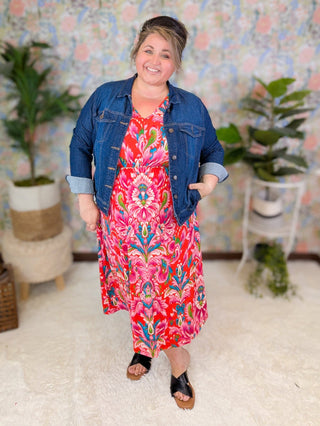Marina Paisley Floral Dolman Sleeve Dress in Red Mix-11- Dress/Romp/Jump-BE STAGE-Styled by Stacked - A Plus Size Women's Boutique in Lakeville, MN