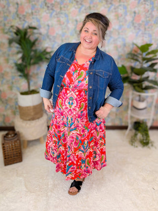 Marina Paisley Floral Dolman Sleeve Dress in Red Mix-11- Dress/Romp/Jump-BE STAGE-Styled by Stacked - A Plus Size Women's Boutique in Lakeville, MN