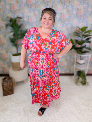 Marina Paisley Floral Dolman Sleeve Dress in Red Mix-11- Dress/Romp/Jump-BE STAGE-Styled by Stacked - A Plus Size Women's Boutique in Lakeville, MN