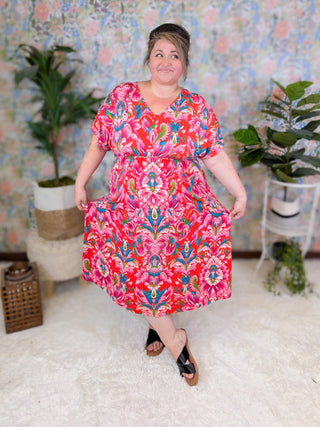 Marina Paisley Floral Dolman Sleeve Dress in Red Mix-11- Dress/Romp/Jump-BE STAGE-Styled by Stacked - A Plus Size Women's Boutique in Lakeville, MN