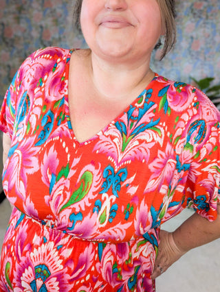 Marina Paisley Floral Dolman Sleeve Dress in Red Mix-11- Dress/Romp/Jump-BE STAGE-Styled by Stacked - A Plus Size Women's Boutique in Lakeville, MN