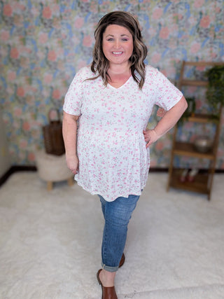 Marissa Mini Ruffle Short Sleeve Top in Pretty in Pink Floral-1- ShortSlv/Slvless Tops-MICHELLE MAE-Styled by Stacked - A Plus Size Women's Boutique in Lakeville, MN