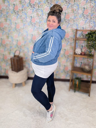 4- Overlayer Tops Marnie Denim-Look Full Zip Hoodie w/Accent Stripe plus size clothing