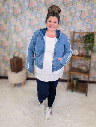 4- Overlayer Tops Marnie Denim-Look Full Zip Hoodie w/Accent Stripe plus size clothing