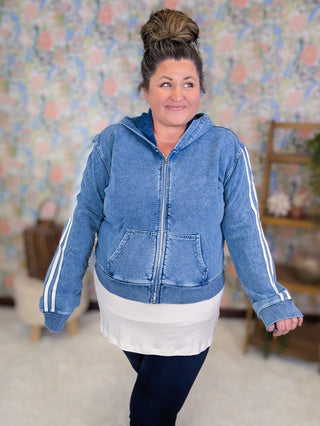 4- Overlayer Tops Marnie Denim-Look Full Zip Hoodie w/Accent Stripe plus size clothing