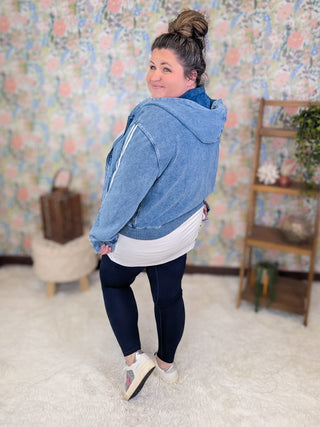4- Overlayer Tops Marnie Denim-Look Full Zip Hoodie w/Accent Stripe plus size clothing