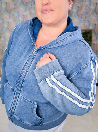 4- Overlayer Tops Marnie Denim-Look Full Zip Hoodie w/Accent Stripe plus size clothing